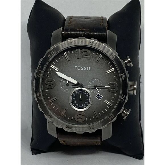 Fossil Nate JR1437 Men's Brown Leather Analog Gray Dial Quartz Watch DV184 - Picture 1 of 12